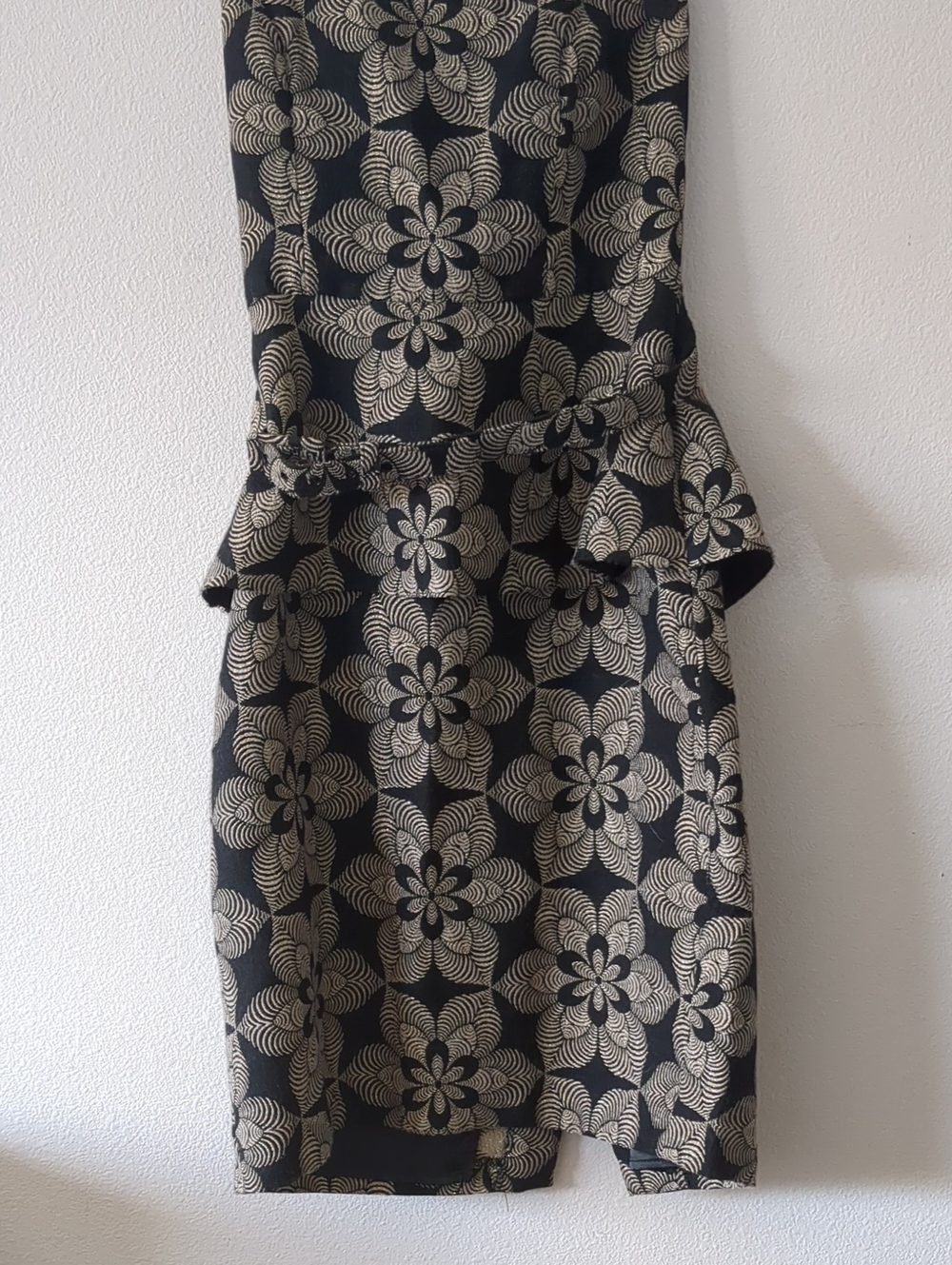 Eva Franco Black and Cream Floral Peplum Midi Dress